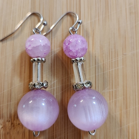 Hand Crafted Pink Beaded Pierced Earrings Dangle Crystal Silver Accents - Picture 1 of 5